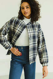 Молодіжна куртка синя, бомбер, картата, на ґудзиках