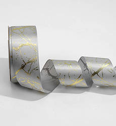 Атласна стрічка "Мармур", 4 см х 2,8 м., колір - сірий