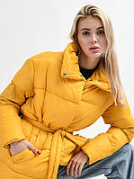 Куртка демисезон удлиненная стеганая оверсайз фасона матовая плащевка на стойку LS-8931-17 желтая