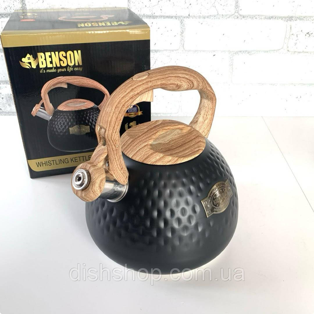 Чайник Benson зі свистком 2.8 л із нержавіючої сталі з нейлоновою ручкою під дерево, фото 1