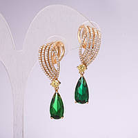 Сережки вечірні серія 925 з камінням колір зелений 38х12мм метал золотистий