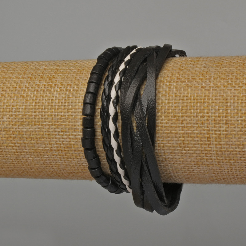 Браслет чоловічий 3 штуки екошкіра колір чорний та білий (затяжка та стрейч), фото 1