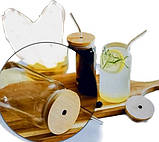 Набір скляних баночок 3 по 500 мл для коктейлів термостійка з бамбуковою кришкою і скляною трубочкою, фото 3