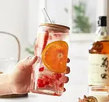 Набір скляних баночок 3 по 500 мл для коктейлів термостійка з бамбуковою кришкою і скляною трубочкою, фото 5