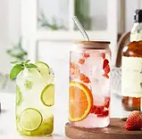 Набір скляних баночок 3 по 500 мл для коктейлів термостійка з бамбуковою кришкою і скляною трубочкою, фото 7