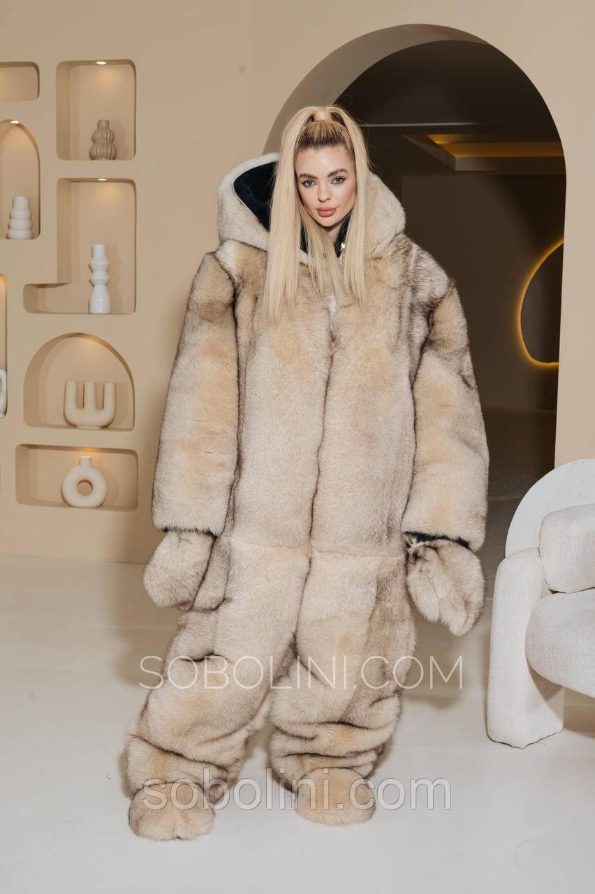 Комбінезон двосторонній з капюшоном хутряний колір беж, фото 1
