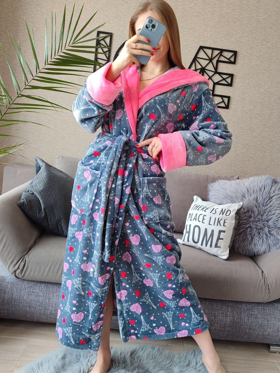 Сірий теплий жіночий довгий махровий халат із серцями та поясом Туреччина, фото 1