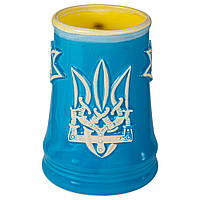 Бокал 0,7л пивной керамический глиняный Трезубец герб Украина желто-голубой глянцевый