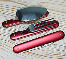 Столовий туристичний набір: складна ложка, вилка, ніж, нейлоновий чохол, червоний