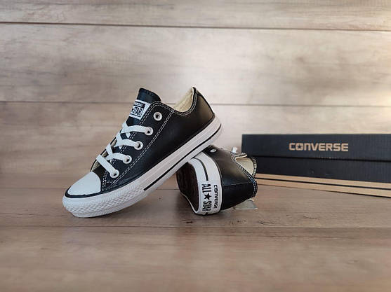35 р Кеды CONVERS ALL STAR конверсы кожаные черные на белой подошве короткие унисекс кроссовки демисезон, фото 4