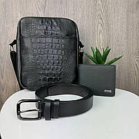 Подарочный набор Кожаная мужская сумка барсетка + кожаный ремень + кошелек портмоне из натуральной кожи r_2149