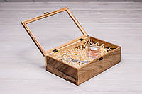Подарочная коробочка из дерева со стеклянной крышкой Именная коробка для подарка Без гравировки, L - 275x180x82 мм
