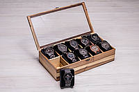 Коробочка Шкатулка Органайзер из дерева для наручных часов с персонализацией Гравировка + подарочная упаковка + открытка, Стеклянная крышка