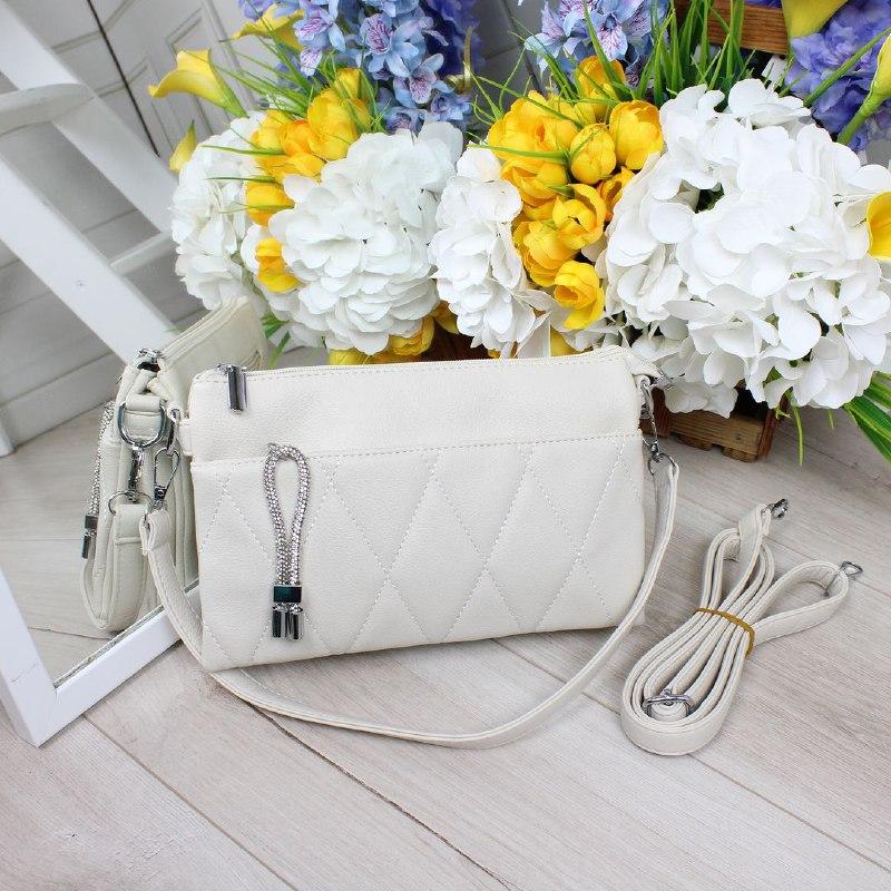 Жіноча сумка через плече кросбоді класична стильна світло-бежева екошкіра, фото 1