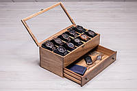 Деревянная коробочка для часов с ящиком с персонализацией Органайзер для аксессуаров Гравировка + подарочная упаковка + открытка, Стеклянная крышка