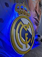 Объёмная эмблема с LED подсветкой ФК "Реал Мадрид", FC Real Madrid, 40х29 см, футбольный декор.