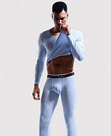 Теплое термобелье Junao домашняя одежда (кофта + кальсоны) голубого цвета эластичный спортивный набор хлопок XXL