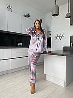 Жіноча шовкова сіра рожева смугаста піжама VS Viktoria's Secret сорочка штани шовкова піжама