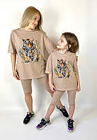 Комплект oversize для мамы и дочки футболка + велосипедки "тигры" Family look
