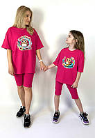 Комплект oversize для мамы и дочки футболка + велосипедки "совушки" Family look