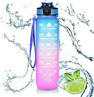 Мотивационная бутылка для воды Refill 1л со временем Tritan Blue-Pink