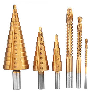 Набір ступінчастих та фрезерних свердел 6 шт / Свердла з титановим покриттям / Комплект свердел по металу