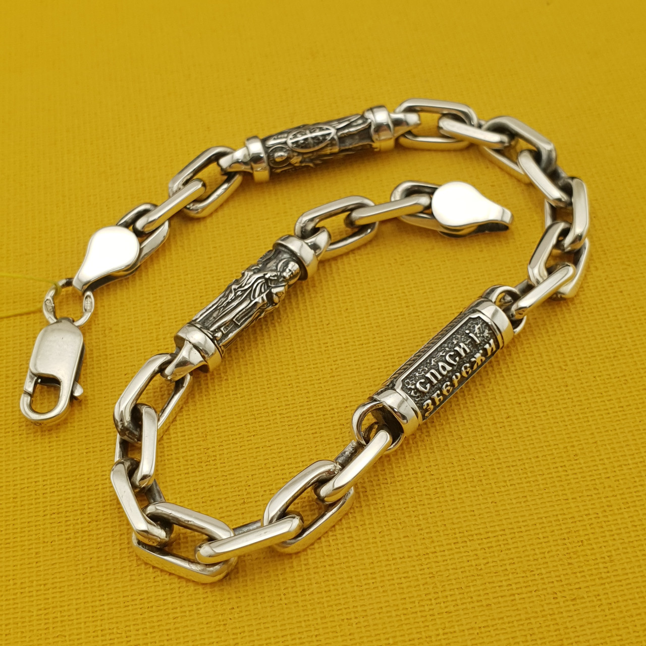 Чоловічий срібний браслет якірний зі святими. Браслет на руку якірний 19 см розмір срібло 925, фото 1