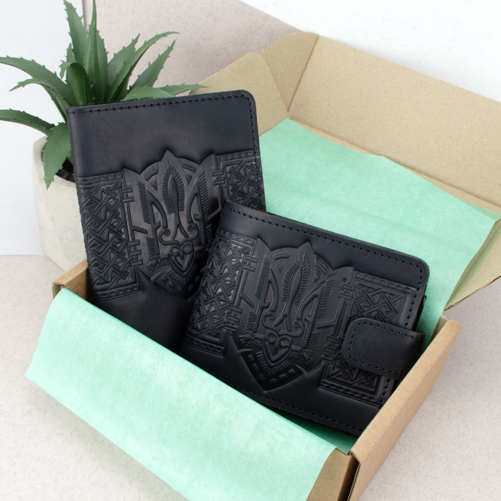 Подарунковий чоловічий набір №85: портмоне + обкладинка на паспорт (чорний)