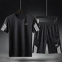 Комплект мужской спортивный шорты и футболка легкие черного цвета с полосками, повседневные шорты и футболка