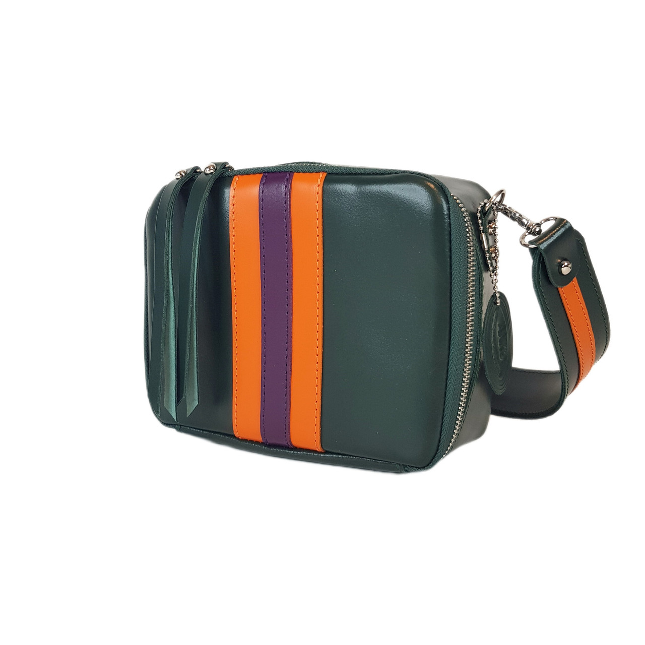 Сумка жіноча "КВАДРО" натуральна шкіра, зелена/помаранчова/фіолетова, фото 1