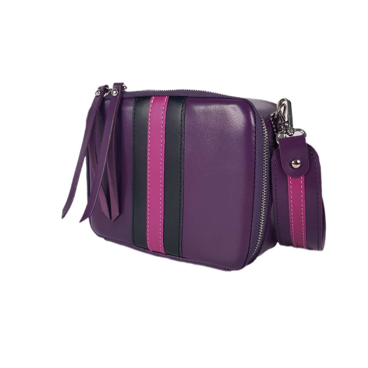Сумка жіноча "КВАДРО" натуральна шкіра, фіолетова/чорна/фуксія, фото 1