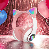 Бездротові навушники з bluetooth CAT STN-28 рожеві / Дитячі навушники з DB-195 вушками світяться