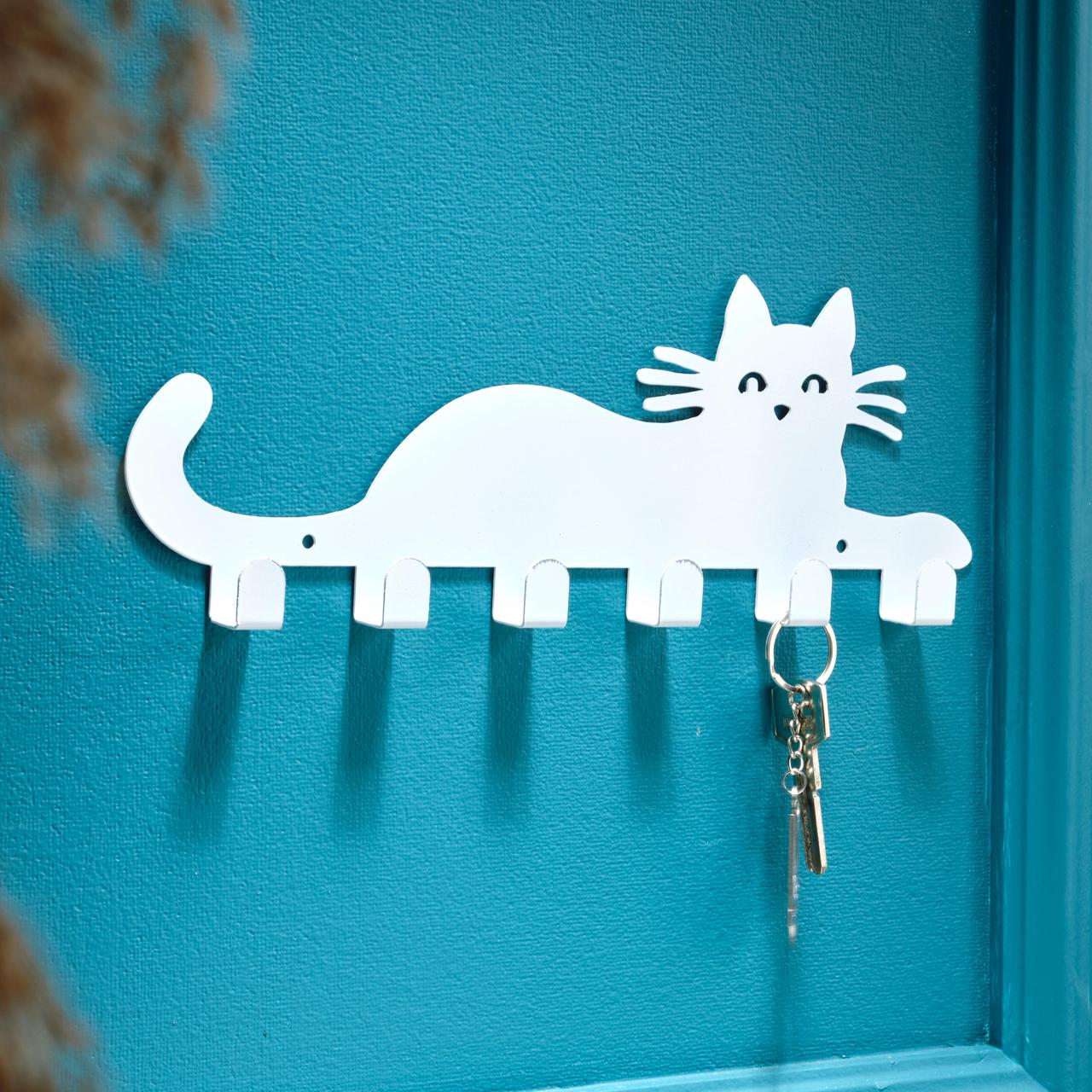 Ключниця настінна металева 30*11 см на 6 гачків Білий кіт Арт 88, фото 1