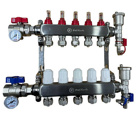 Колектор 5 контурів POLMARK у зборі з витратами, термометрами та кінцевими елементами в зборі, фото 1