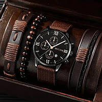 Мужской подарочный набор (4 предмета: наручные часы и 3 кожаных браслета)