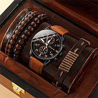 Мужской подарочный набор (4 предмета: наручные часы и 3 кожаных браслета)