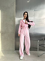 Модный женский велюровый костюм премиум: кофта с молнией и брюки-джоггеры 44/46, Розовый