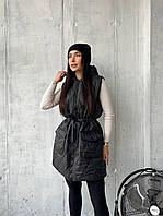 Женская удлиненная жилетка, с капюшоном, на молнии, черная