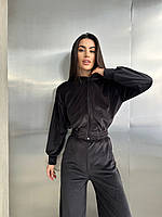 Элегантный женский велюровый костюм люкс качества: кофта с застёжкой-молнией и брюки-джоггеры 40/42, Черный