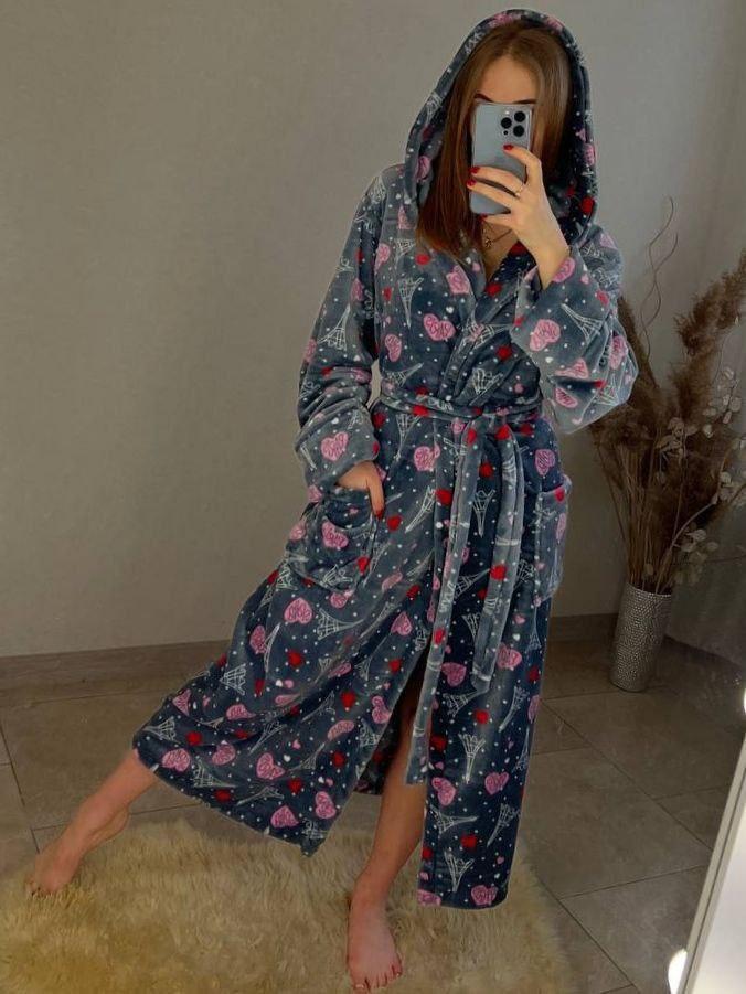 Теплий жіночий довгий махровий халат із серцями та поясом Туреччина, фото 1