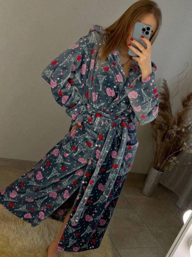 Теплий жіночий довгий махровий халат із серцями та поясом Туреччина