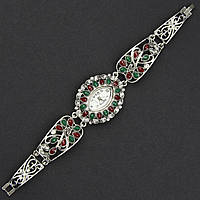 Женские часы винтажные кварцевые металл в серебристом цвете с красными и зелёными камушками длина 19 см