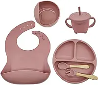 Набор для кормления детская посуда из силикона темно-розового цвета с круглой тарелкой на три