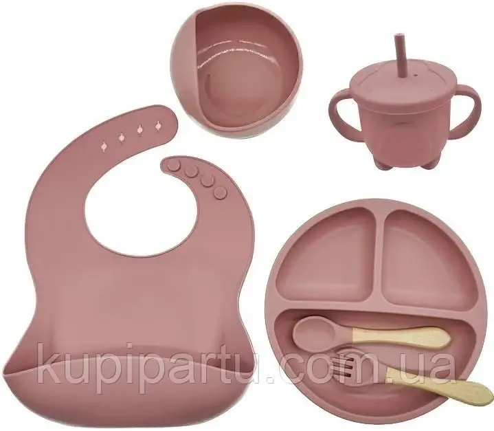 Набір для годування дитячий посуд із силікону темно-рожевого кольору з круглою тарілкою на три