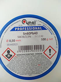 Припій Cynel Sn60Pb40-SW26, діам.-0,50 мм, 100 г на котушці
