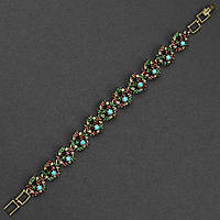 Браслет женский винтажный золотистого цвета с красными и зелёными стразами с бирюзой ширина 12 мм длина 19 см