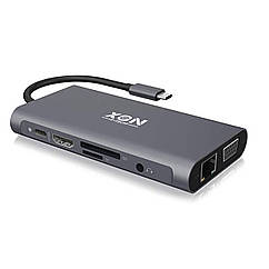 USB-хаб XON SmartHub 10 в 1 (Ethernet, VGA, HDMI, 3.5 Audio, SD/TF, Type-C, 3xUSB3.0) Сірий (UHCHP104300G 5252)