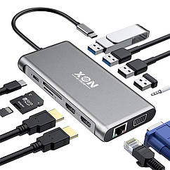 USB-хаб XON SmartHub 12 в 1 (Ethernet, VGA, 2xHDMI, 3.5 Audio, SD/TF, Type-C, 4xUSB3.1) (UHCHP125300G 5283)