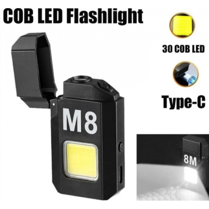 Електроімпульсна спіральна запальничка M8 з ліхтариком 3W, зарядкою від USB, фото 1