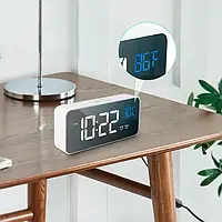 Часы настольные электронные зеркальные с LED подсветкой и термометром (белые)/Будильник настольный электронный